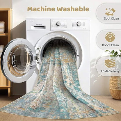 6x9 Area Rugs Living Room: Washable Large Abstract Neutral Modern Soft Rugs Stain Resistant Indoor Floor Non-Slip Accent Carpet for Bedroom Nursery Playroom Office Dining Room Home Decor- Teal