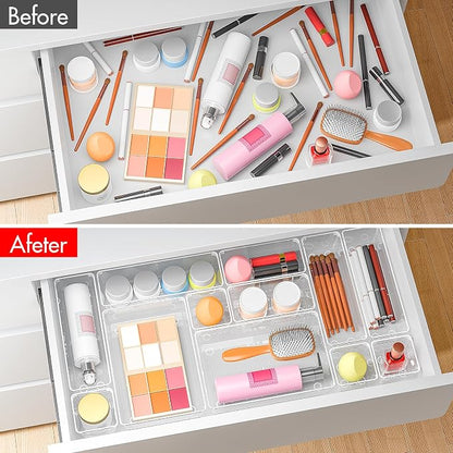 45Pack Makeup Drawer Organizers Set, 4Sizes acrylic desk organizer trays for vanity, bathroom, office, nightstand, junk for kitchen drawer, Versatile plastic drawer divider storage bins