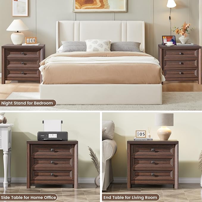 Walnut Nightstands Set of 2, Farmhouse Wood Night Stand with 3 Drawers and Metal Knobs, 24.8” Tall Bedside Table with Storage, Rustic End Table for Living Room Bedroom Side Table Home Office