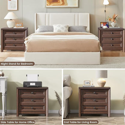 Walnut Nightstands Set of 2, Farmhouse Wood Night Stand with 3 Drawers and Metal Knobs, 24.8” Tall Bedside Table with Storage, Rustic End Table for Living Room Bedroom Side Table Home Office