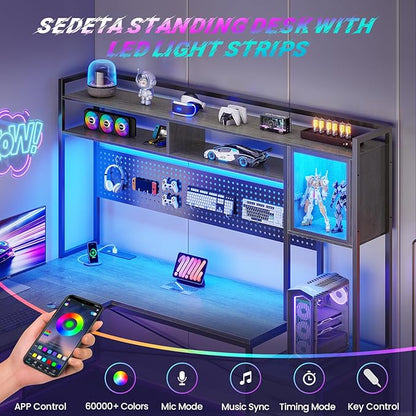 SEDETA L Shaped Gaming Desk with Drawers, Reversible Computer Corner Desk with File Drawer, Hutch, Storage Shelves for Home Office, Gaming Two Person Desk with Led Lights, Power Outlet, Grey