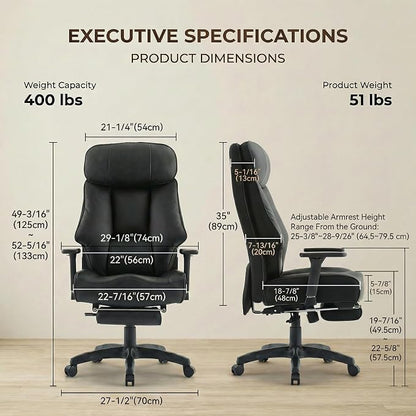 EXCEBET Big and Tall Office Chair 500lbs - 22.4" Extra Wide Seat Ergonomic Executive Chair, Heavy Duty High Back Leather Office Chair with Footrest, Lumbar Support & Adjustable Arm (All Black)