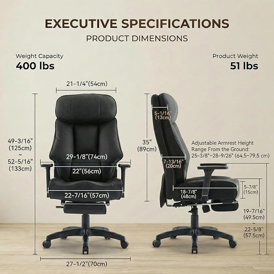 EXCEBET Big and Tall Office Chair 500lbs - 22.4" Extra Wide Seat Ergonomic Executive Chair, Heavy Duty High Back Leather Office Chair with Footrest, Lumbar Support & Adjustable Arm (All Black)