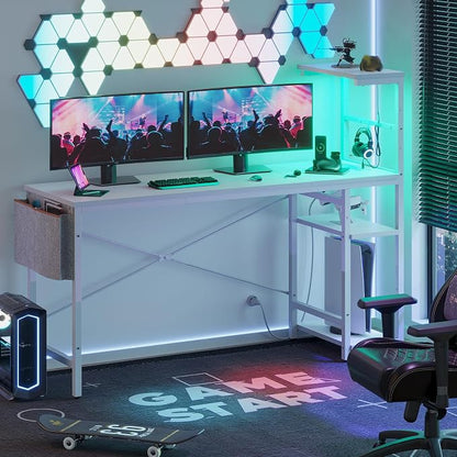 Bestier Gaming Desk with Power Outlets, 61 Inch Large Led Gamer Desk with 4 Tiers Reversible Shelves, PC Gaming Table with Headset Hook & Side Storage Bag for Bedroom (White 3D Carbon Fiber)