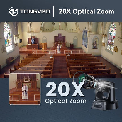 TONGVEO Conference Room PTZ Camera System with 20X Optical Zoom, AI Auto Tracking 1080P 60fps HDMI USB Webcam for Church Streaming Online Video Conference,Compatible with Zoom, OBS Easy Setup