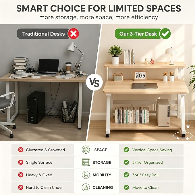 47.2 Inch Compact Rolling Computer Desk with Tier Worktable & Lockable Wheels, Small Computer Desk, Small Desk for Bedroom, Mobile Writing Workstation Easy Assembly for Home Office Small Spaces