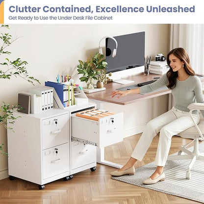 2-Drawer Rolling File Cabinet with Lock, Mobile Vertical File Cabinet for Hanging A4/Letter/Legal Size Folder, Under Desk Small Filing Cabinets for Home Office, Assembly Required,White