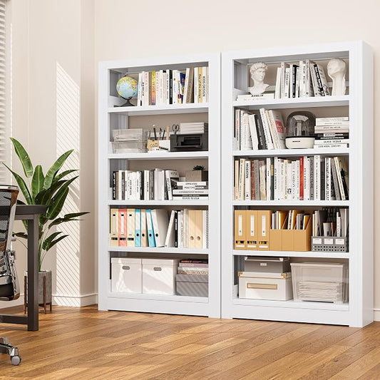 Heavy Duty Metal Bookshelf, 5 Shelf Adjustable Bookcase, 69’’ Tall Modern Bookshelves, Open Book Shelf Organizer, Large Sturdy Book Case for Living Room, Library, Office, White Book Shelf