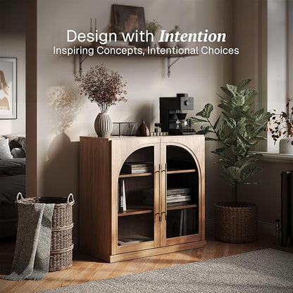 BELLEZE 32.5" Kitchen Storage Cabinet with Adjustable Shelves,Freestanding Accent Cabinet with Fluted Arched Design & Gold Handles,Modern Credenza for Living Room,Dining Room,Entryway - Camel