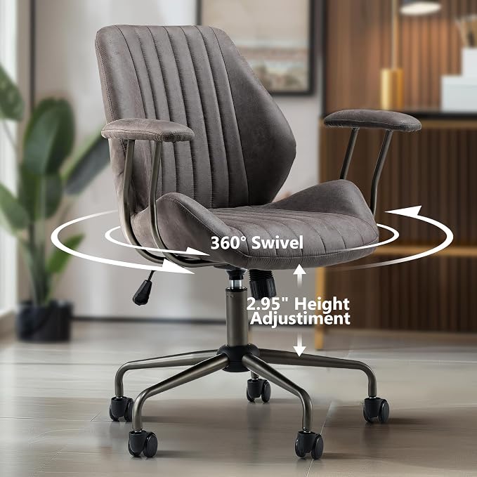 Mid Century Modren Office Chair - Fuax Leather Suede Brown Executive Chairs Ergonomic Mid Back with Lumbar Support, Swivel Computer Desk Task Chair with Wheels for Home Office (Grey, Mid Back)