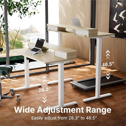 HUANUO 47.2" X 23.6" Electric Standing Desk with 2 Drawers, C-Clamp Mount Compatible, Height Adjustable Computer Desk, Home Office Stand Up Desk with 4 Preset Heights & 2 Hooks, Light Walnut