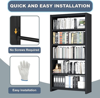 Bookshelf, 5 Shelf Bookcases, Tall Bookcase for Heavy Books, CDs, Movies, Garage Kit, Modern Display Shelf for Library Home Office Bderoom Living Room, Metal Bookshelves Industrial Black