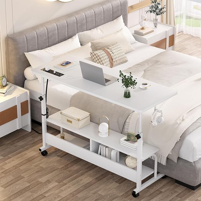 Armocity Rolling Standing Desk with Charging Station, Portable Height Adjustable Mobile Computer Desk with Wheels & 2-Tier Shelves & Hooks, Easy Assembly Laptop Table for Couch Bed, 47" White