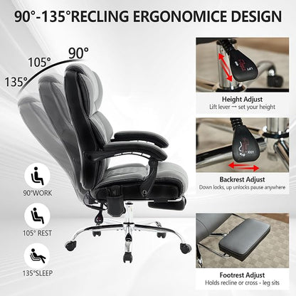 Massage Office Chair with Heat & Footrest,Heated Comfy Reclining Desk Chair with Vibration,Executive Big and Tall Chairs for Heavy People,Adjustable Height Black Grey