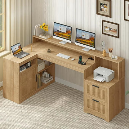 TVU Farmhouse L Shaped Desk with Drawers, 62.2" Home Office Desk with Storage Shelves and Power Outlet, L Shaped Computer Desk with Monitor Stand and Printer Shelf, Oak