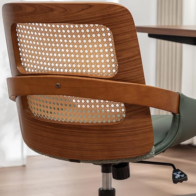 Home Office Desk Chair with Ergonomic Rattan Backrest, Walnut Crafts, Curved Arms, Faux Leather, Caster Wheels, Height Adjustable, Computer Chair for Desk Work, Executive Task, Conference Room - Green