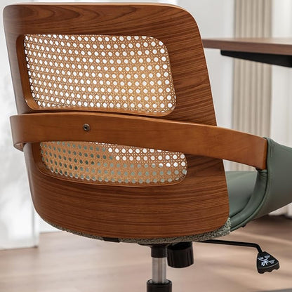 Home Office Desk Chair with Ergonomic Rattan Backrest, Walnut Crafts, Curved Arms, Faux Leather, Caster Wheels, Height Adjustable, Computer Chair for Desk Work, Executive Task, Conference Room - Green