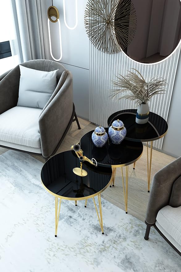 Set of 3 High Gloss Black Gold Legs Nesting End Tables Round Wood Stacking Coffee Side Accent Table with Metal Legs for Living Room, Home Office, Nightstands for Bedroom