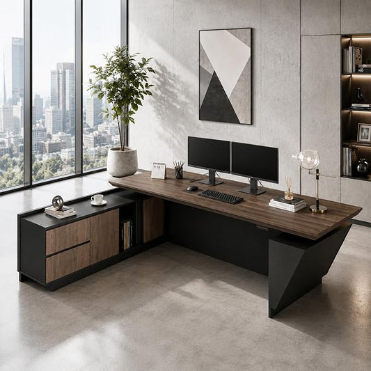 SAINTCY 86.6in Adjustable Executive Desk - Luxury L Shaped Desk with Drawers, Large Table with File Cabinets, Executive Office Desks with LED Light Strip Home Office Desk for Professionals