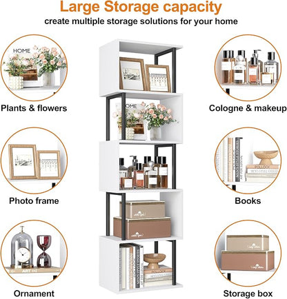 Yusong Bookshelf 5-Tier, Geometric Bookcase S Shaped Book Shelves for Bedroom, Modern Wood Decorative Display Shelf Book Case for Home Office, White and Black