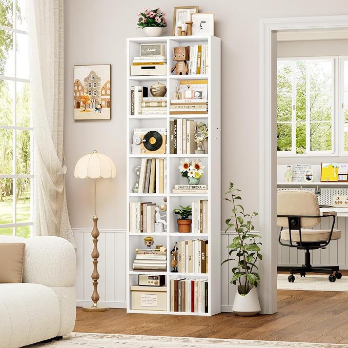 FOTOSOK 71'' Tall Bookshelf with 14 Cubes, 7 Tier Double Wide White Bookshelf with 6 Adjustable Shelves, 19.6" Narrow Bookcase DVD/CD Media Storage, Space Saving Display Shelf Cabinet, White