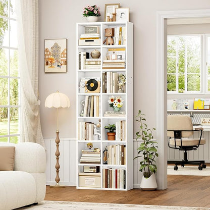FOTOSOK 71'' Tall Bookshelf with 14 Cubes, 7 Tier Double Wide White Bookshelf with 6 Adjustable Shelves, 19.6" Narrow Bookcase DVD/CD Media Storage, Space Saving Display Shelf Cabinet, White