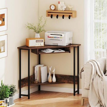 Giantex Small Corner Desk with Charging Station, Triangle Computer Desk with Keyboard Tray & Storage Shelf, Metal Corner Writing Desk for Bedroom, Small Space, Home Office, Black & Rustic Brown
