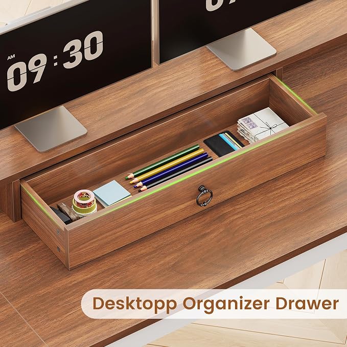 SEDETA Farmhouse L Shaped Desk with Drawers, 63" Office Desk with File Drawers, Wood Corner Computer Desk with Storage, Home Office Desk with Monitor Stand and Storage Cabinet, Walnut and White