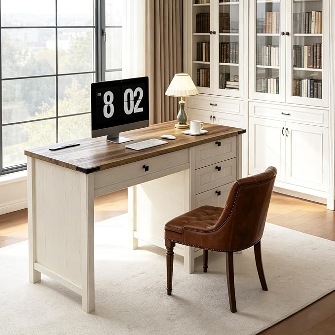 Farmhouse Executive Desk 45 inch Computer Desk with 4 Drawers, Smart Charging Station, Home Office & Study Room Essential for Remote Workers, Professionals & Students.Antique White