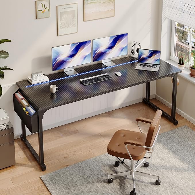 DurayLoly 71" Gaming Desk with LED Lights, Large Office Desk for 3 Monitors or 2 laptops,Long Desk with Storage Bag&Headphone Hook for Study Writing Work Wood Desk,Sturdy Metal Frame,Black