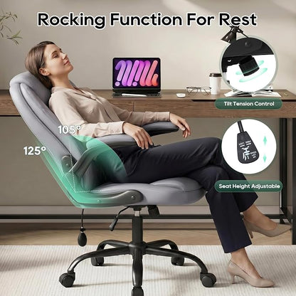 MALOL Leather Office Chair, Computer Desk Chair with Adjustable Lumbar Support, Thick Cushion, Flip-Up Arms and Ergonomic Back, Comfy Executive Office Chair for Home Office Gaming,Grey