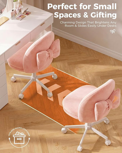 GTPLAYER Velvet Tall Office Chair with Wheels Vanity Chairs with Back, Versatile Height Use: Office to Bar Stools Small Ergonomic Comfy Armlees Computer Desk Chair with Bow Lumbar Pillow for Gift