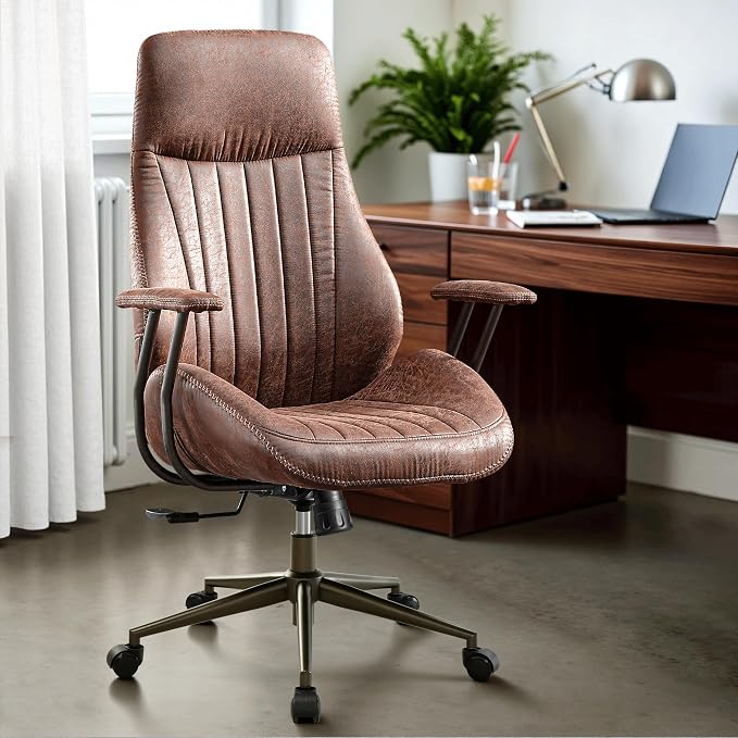 ovios Executive Ergonomic Office Chair, High Back Comfy Faux Suede Leather Computer Chairs, Mid-Century Modern Swivel Rolling Task Armchair, Dark Brown