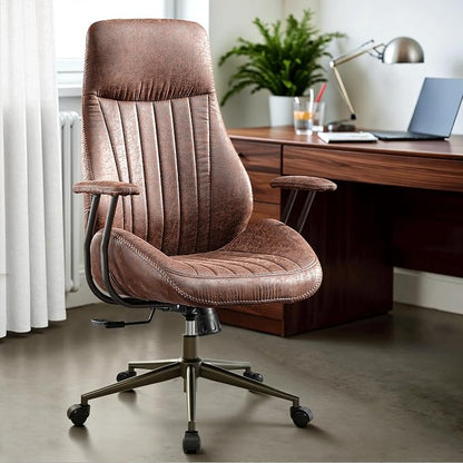 ovios Executive Ergonomic Office Chair, High Back Comfy Faux Suede Leather Computer Chairs, Mid-Century Modern Swivel Rolling Task Armchair, Dark Brown