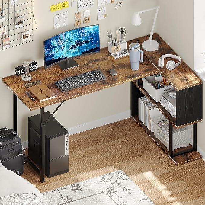ALISENED L Shaped Computer Desk with 2 Shelves Bookshelf, Modern Corner Computer Desk with Storage, Office Desk Study Table Writing Desk for Home Office