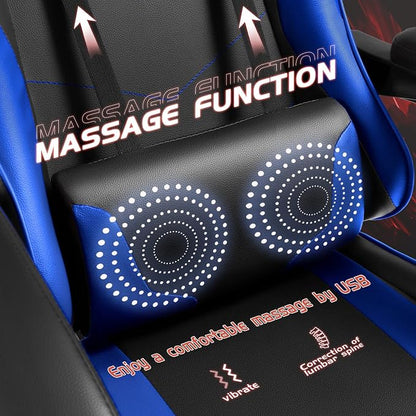 Shahoo Gaming Chair with Footrest and Massage Lumbar Support, Ergonomic Computer Chairs 360°Swivel and Height Adjustable Seat with Headrest for Office or Bedroom, Study Room, Blue