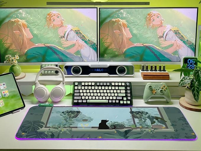 JMIYAV Black Kitten RGB Green Gaming Mouse Pad 31.5x12 Inch PC XL Large Glowing Led Light Up Desk Pad Non-Slip Rubber Base Computer Cute Mousepad Mat Desk Accessories Gaming Setup 31.5x12 Inch