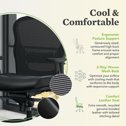 HON Wave High Back Ergonomic Office Chair with Leather Seat and Breathable Mesh Back, Adjustable Arms, Synchro‑Tilt Recline and Swivel Wheels for Desk and Computer Use, Black