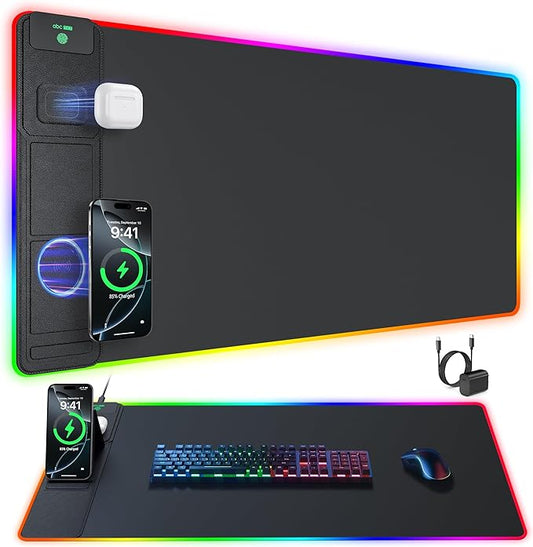 Wireless Charging Mouse Pad with Phone Stand, 31.5"x15.8" Large | Gaming Mousepad RGB Desk Mat, Smooth Glide, Stitched Edge, Non-Slip Rubber Base, Waterproof Keyboard Mat, with Adatper