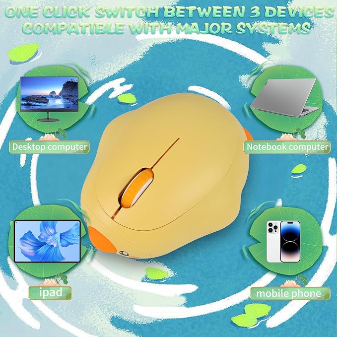 Cute Duck Bluetooth Wireless Mouse -Rechargeable,Dual Mode Connection, Silent Scroll Wheel, 1600 DPI - Perfect for Laptops, PCs, and Tablets (Yellow)