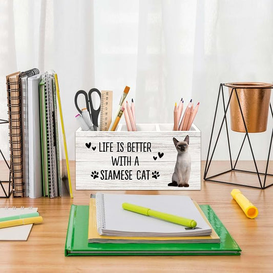 Siamese Cat Gifts Pen Holder for Desk, Gifts for SiameseCat Lovers Owners Pencil Organizer, Life is Better with A Siamese Cat Wood Pen Holder Desk Accessories Decor for Home Office