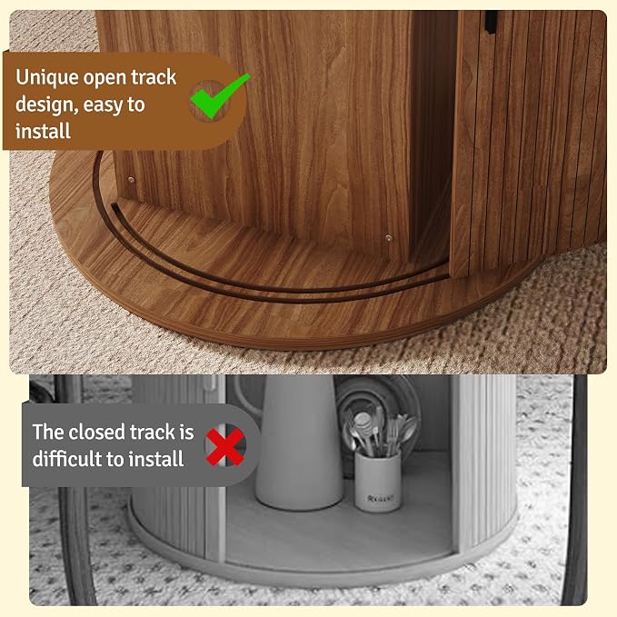 47 inch Round Dining Table for 4-6, Dinner Table with 2-Layer Storage Shelf, Morden Circle Kitchen Table with Wooden Strip Base and Wood Slide Door for Home Dining Room, Living Room, Chestnut