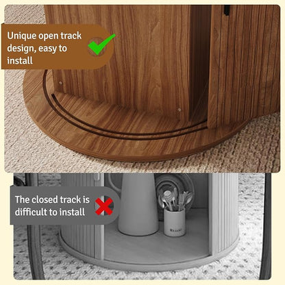 47 inch Round Dining Table for 4-6, Dinner Table with 2-Layer Storage Shelf, Morden Circle Kitchen Table with Wooden Strip Base and Wood Slide Door for Home Dining Room, Living Room, Chestnut