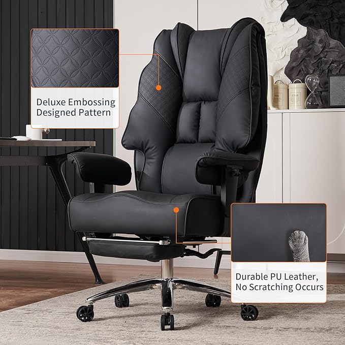 EXCEBET Big and Tall Office Chair 400lbs Wide Seat, Leather High Back Executive Office Chair with Foot Rest, Ergonomic Chairs Lumbar Support for Lower Back Pain Relief (Black)