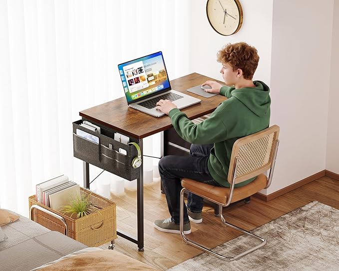 AODK 32 Inch Small Computer Desk with Fabric Drawers, Kids Study Desk for Bedroom, Home Office Desk with Storage Shelf & Bag for Small Space, Vintage