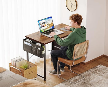 AODK 32 Inch Small Computer Desk with Fabric Drawers, Kids Study Desk for Bedroom, Home Office Desk with Storage Shelf & Bag for Small Space, Vintage
