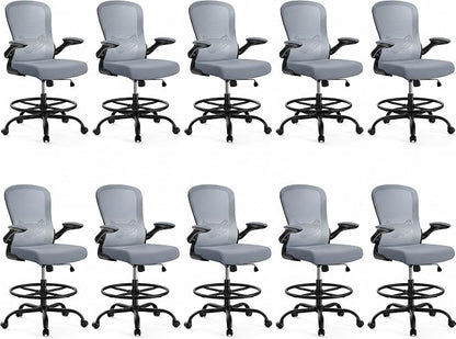 ErGear Drafting Chair,Tall Office Chair with Flip-Up Armrests, High Desk Chair Adjustable Height and Adjustable Footrest Ring, Ergonomic Standing Desk Chair with Lumbar Support, Blue,10 Pack