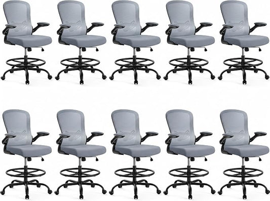 ErGear Drafting Chair,Tall Office Chair with Flip-Up Armrests, High Desk Chair Adjustable Height and Adjustable Footrest Ring, Ergonomic Standing Desk Chair with Lumbar Support, Blue,10 Pack