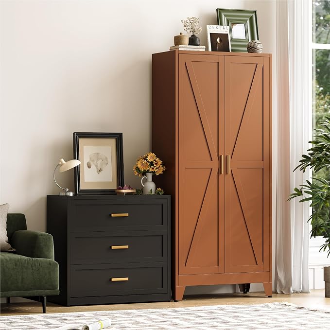 Baborokic 71H Tall Metal Storage Cabinet with 2 Doors and Adjustable Shelves,Farmhouse Storage Cabinet with Barn Doors,Pantry Storage for Home,Office,Dining Room,Kitchen(Rustic Brown)