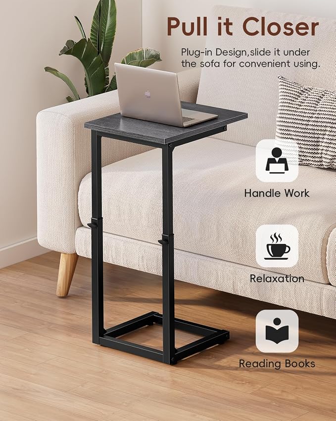 Vagusicc C-Shaped End Table, 33" Tall C Table Adjustable Height Side Table, Small Couch Table with Metal Frame, Slide Under Sofa TV Tray for Living Room, Bedroom, Bedside, Small Spaces, Gray Walnut